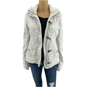 Y2K Abercrombie & Fitch SMALL Cream Duffle Zip Coat Jacket with Red Plaid Lining